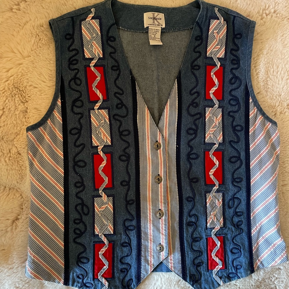 VintageStephanie K Striped Patchwork Denim Vest